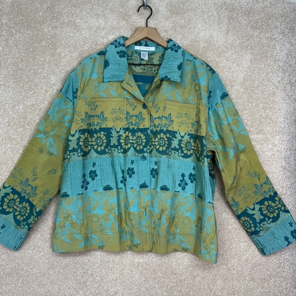 Erin London Jacket Size 3X Blue Floral Metallic Artsy‎ Button Front Art to Wear - Picture 2 of 7